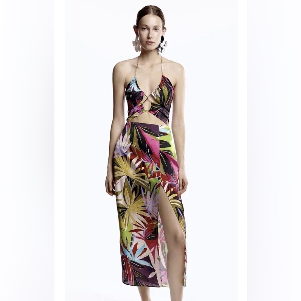 Zara Multicolor Tropical Print Maxi Dress